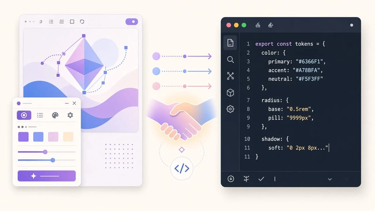 Figma design canvas and Cursor code editor connected through MCP — balanced design-to-code handoff